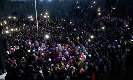 Hundreds of people gathered for the funeral of Militant Rayees Wani in Pulwama Pic: Vikar Syed