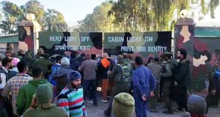 Protestors outside Rajouri military camp after two locals were found dead near the garrison’s gate.